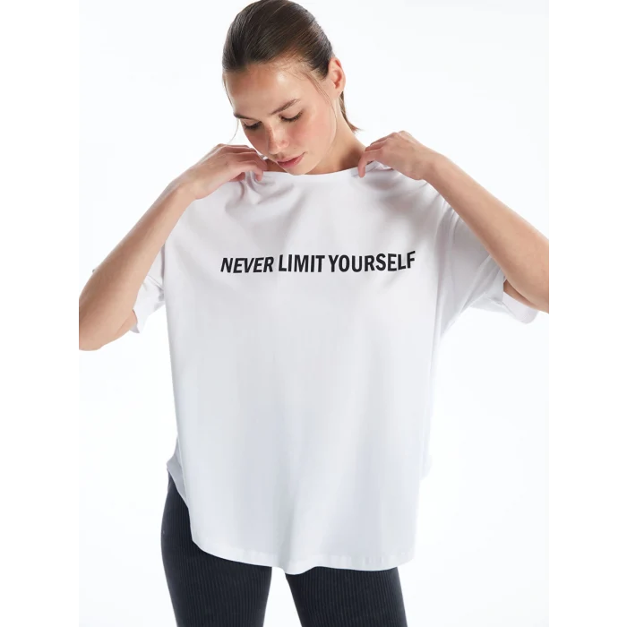 XSIDE ACTIVE Beyaz Bisiklet Yaka Baskılı Kısa Kollu Kadın Spor Tişört