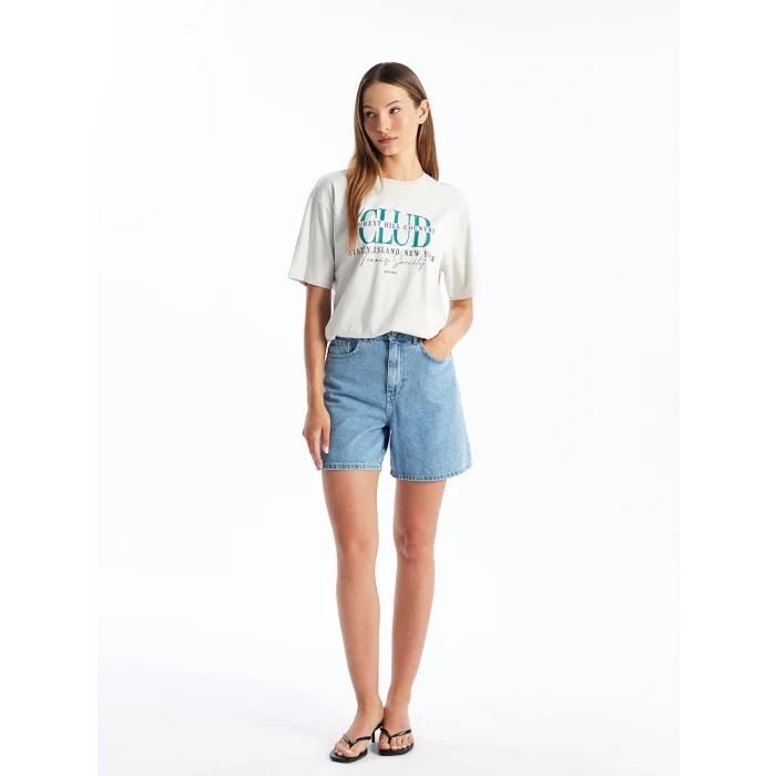 LCW Vision Gri Bisiklet Yaka Baskılı Kısa Kollu Oversize Kadın Tişört