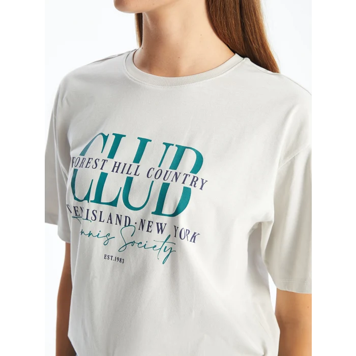 LCW Vision Gri Bisiklet Yaka Baskılı Kısa Kollu Oversize Kadın Tişört