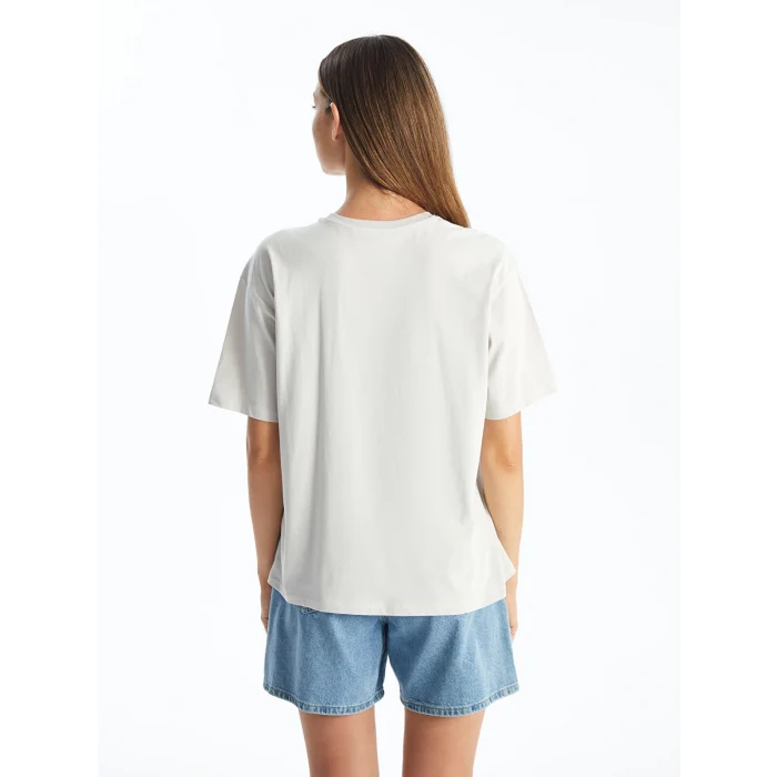 LCW Vision Gri Bisiklet Yaka Baskılı Kısa Kollu Oversize Kadın Tişört