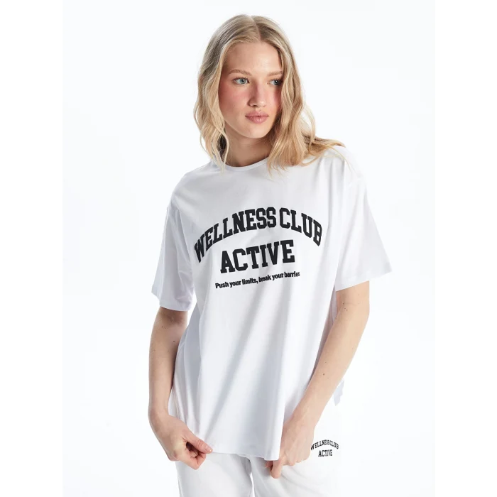 XSIDE ACTIVE Beyaz Bisiklet Yaka Baskılı Kısa Kollu Kadın Tişört