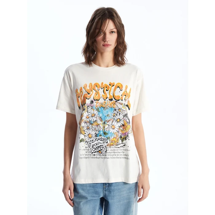 XSIDE Bej Bisiklet Yaka Baskılı Kısa Kollu Kadın Tişört