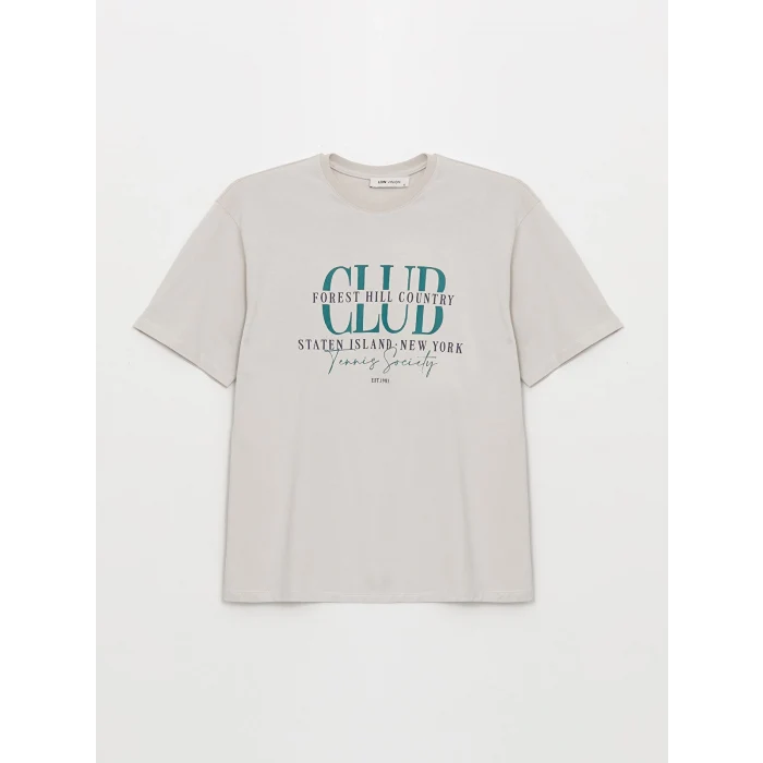 LCW Vision Gri Bisiklet Yaka Baskılı Kısa Kollu Oversize Kadın Tişört