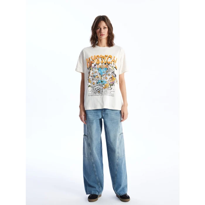 XSIDE Bej Bisiklet Yaka Baskılı Kısa Kollu Kadın Tişört