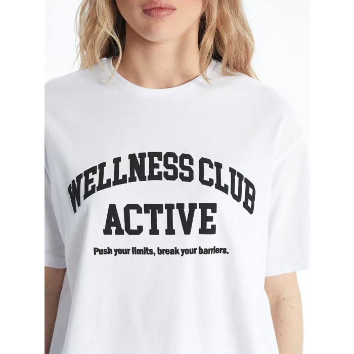 XSIDE ACTIVE Beyaz Bisiklet Yaka Baskılı Kısa Kollu Kadın Tişört