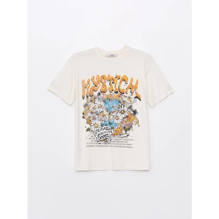 XSIDE Bej Bisiklet Yaka Baskılı Kısa Kollu Kadın Tişört