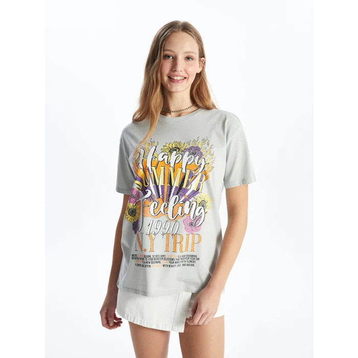 XSIDE Gri Bisiklet Yaka Baskılı Kısa Kollu Kadın Tişört