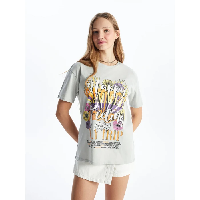 XSIDE Gri Bisiklet Yaka Baskılı Kısa Kollu Kadın Tişört