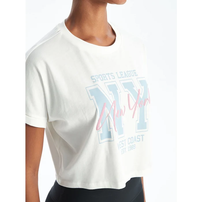 XSIDE ACTIVE Beyaz Bisiklet Yaka Baskılı Kadın Spor Tişört