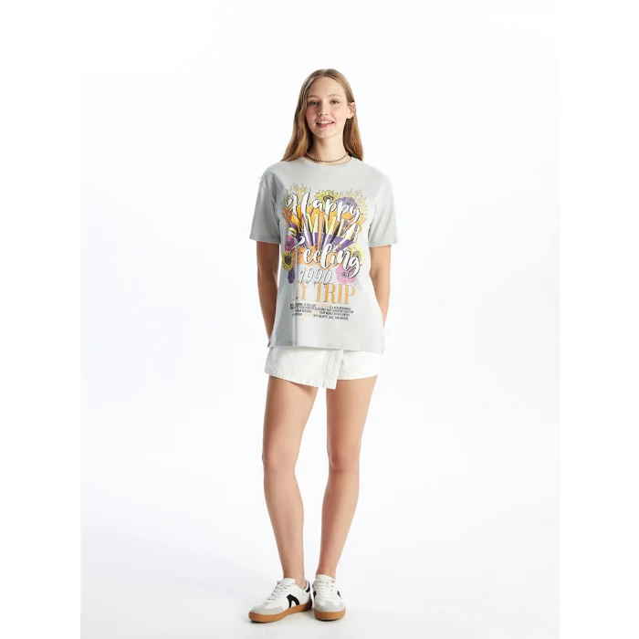 XSIDE Gri Bisiklet Yaka Baskılı Kısa Kollu Kadın Tişört