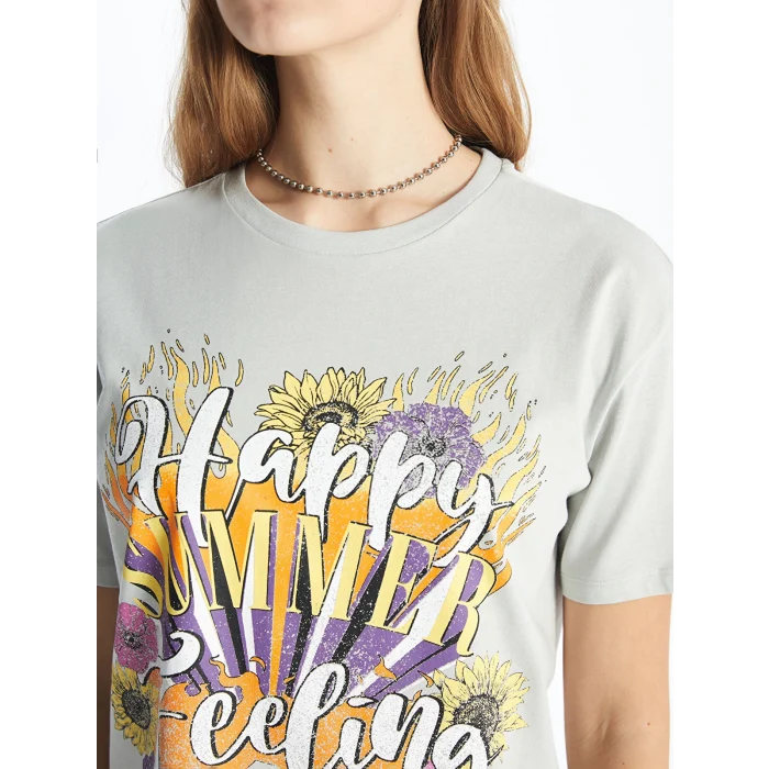 XSIDE Gri Bisiklet Yaka Baskılı Kısa Kollu Kadın Tişört