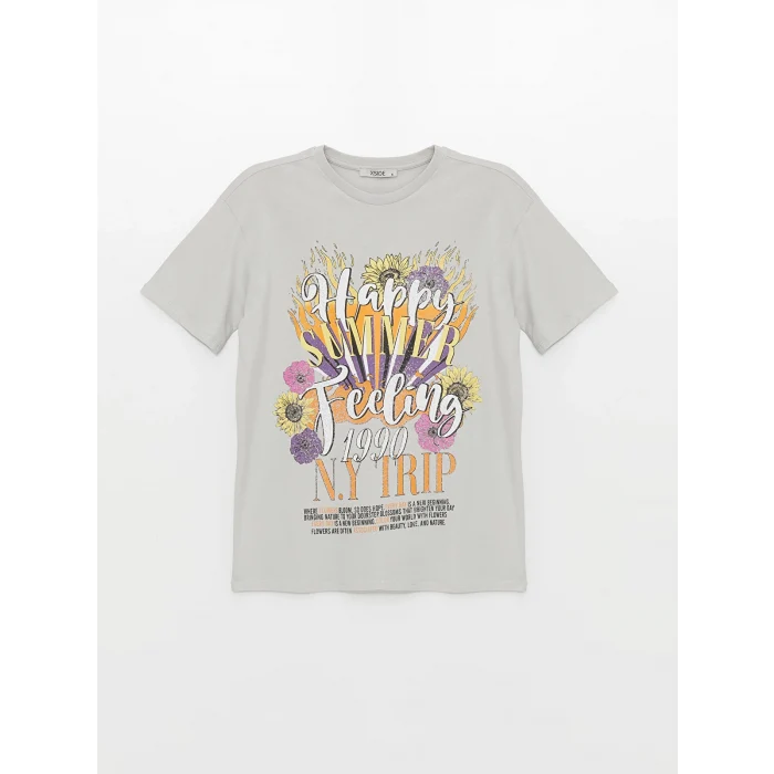 XSIDE Gri Bisiklet Yaka Baskılı Kısa Kollu Kadın Tişört