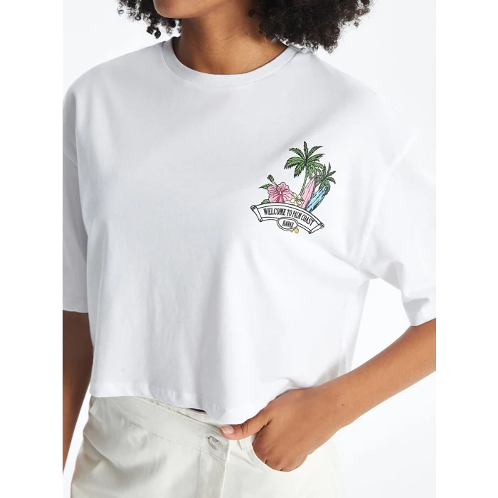 XSIDE Beyaz Bisiklet Yaka Baskılı Kısa Kollu Oversize Kadın Crop