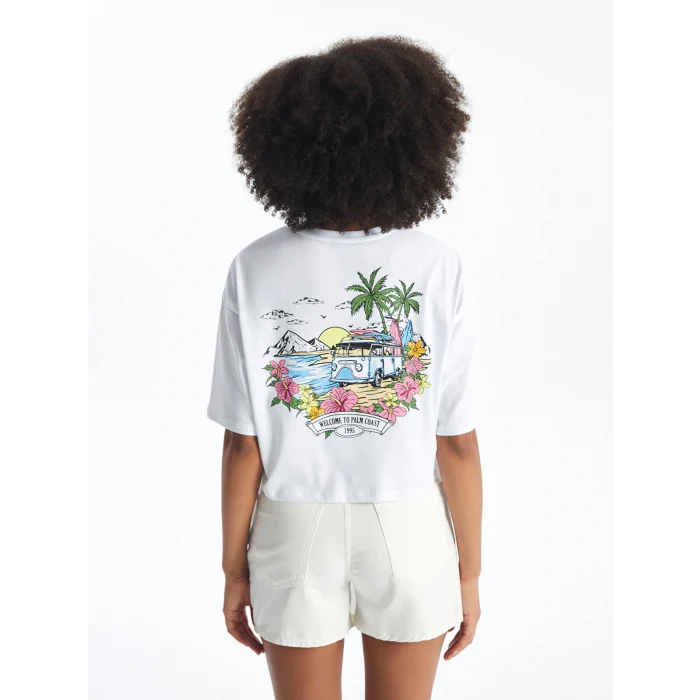 XSIDE Beyaz Bisiklet Yaka Baskılı Kısa Kollu Oversize Kadın Crop