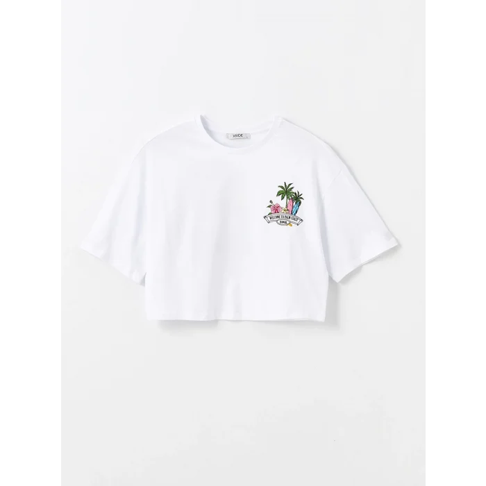 XSIDE Beyaz Bisiklet Yaka Baskılı Kısa Kollu Oversize Kadın Crop
