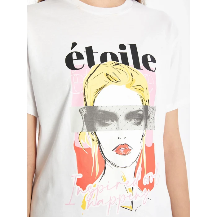 LCW Vision Beyaz Bisiklet Yaka Baskılı Kısa Kollu Kadın Tişört