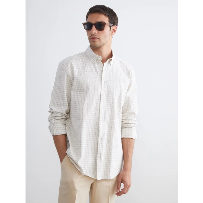 SOUTHBLUE Gri Regular Fit Uzun Kollu Ekose Keten Karışımlı Erkek Gömlek