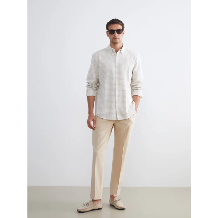 SOUTHBLUE Gri Regular Fit Uzun Kollu Ekose Keten Karışımlı Erkek Gömlek