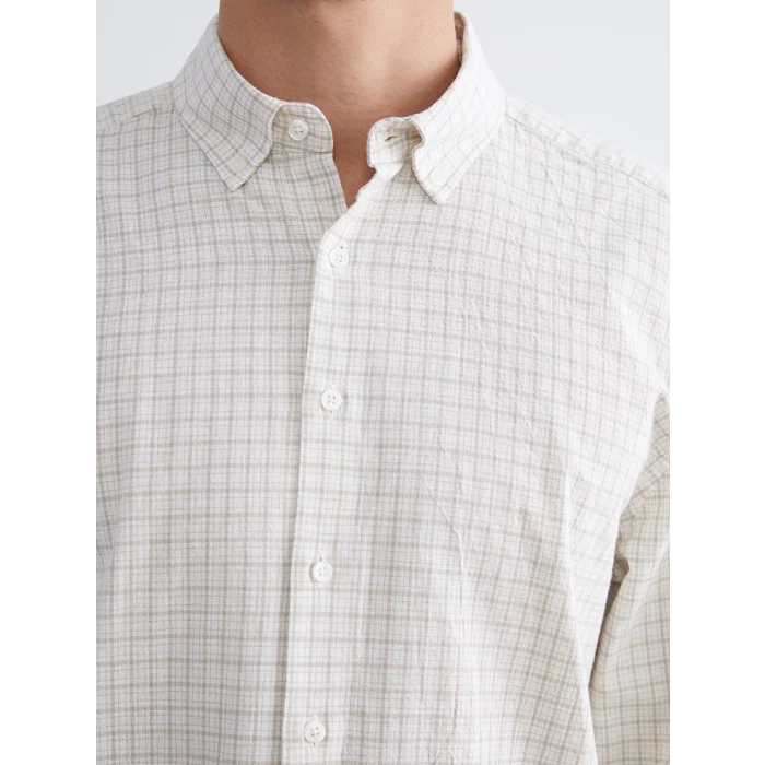 SOUTHBLUE Gri Regular Fit Uzun Kollu Ekose Keten Karışımlı Erkek Gömlek