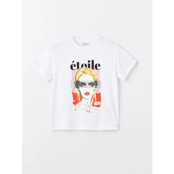 LCW Vision Beyaz Bisiklet Yaka Baskılı Kısa Kollu Kadın Tişört