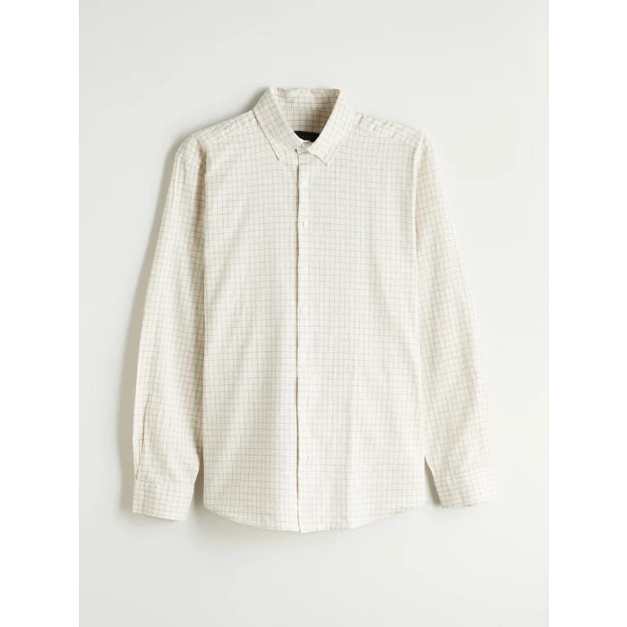 SOUTHBLUE Gri Regular Fit Uzun Kollu Ekose Keten Karışımlı Erkek Gömlek