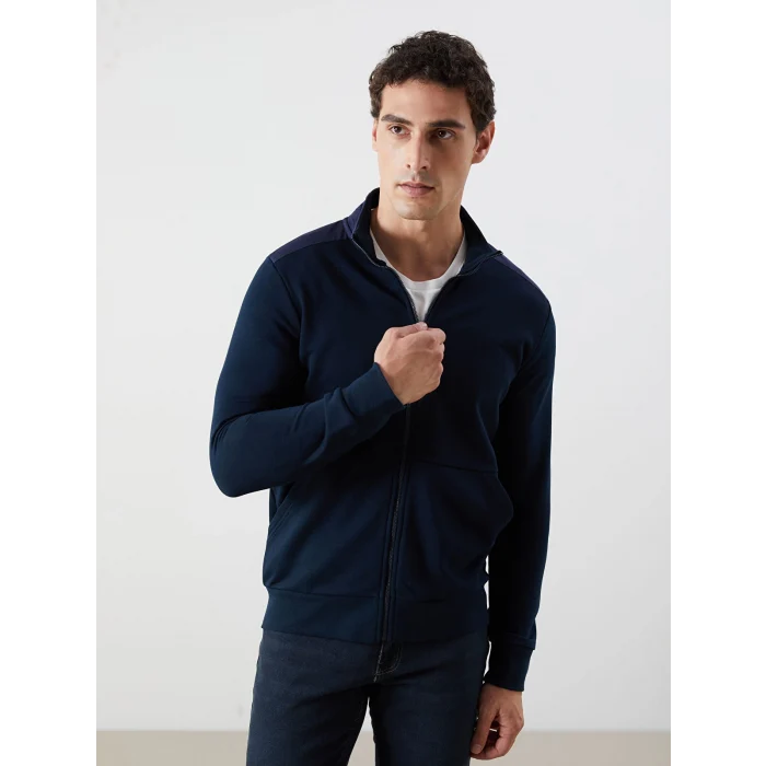 LCWAIKIKI Basic Lacivert Dik Yaka Uzun Kollu Erkek Fermuarlı Sweatshirt