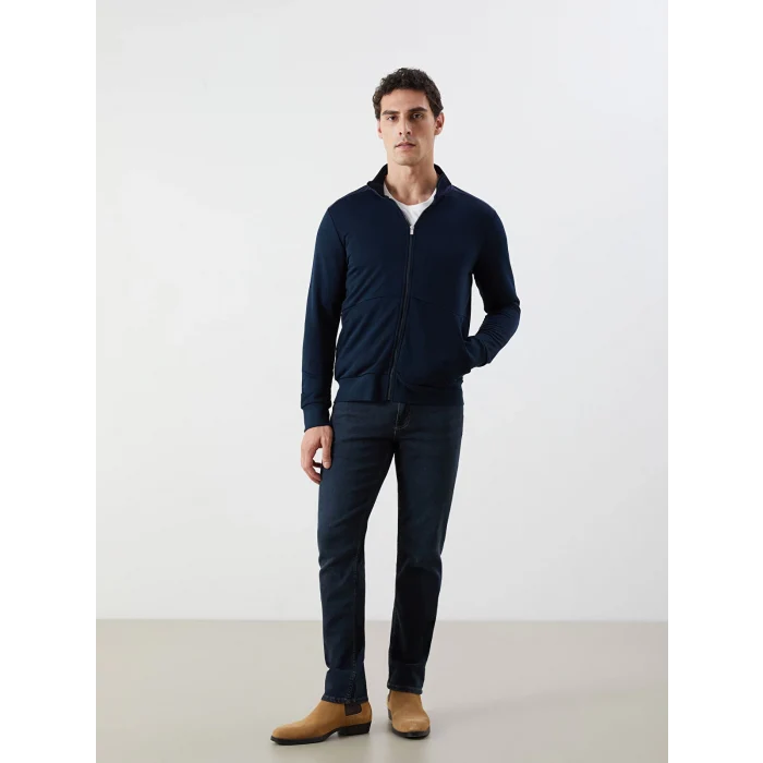 LCWAIKIKI Basic Lacivert Dik Yaka Uzun Kollu Erkek Fermuarlı Sweatshirt