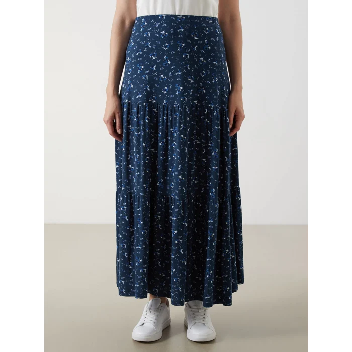 LCW Grace Lacivert Beli Lastikli Çiçekli Kadın Etek