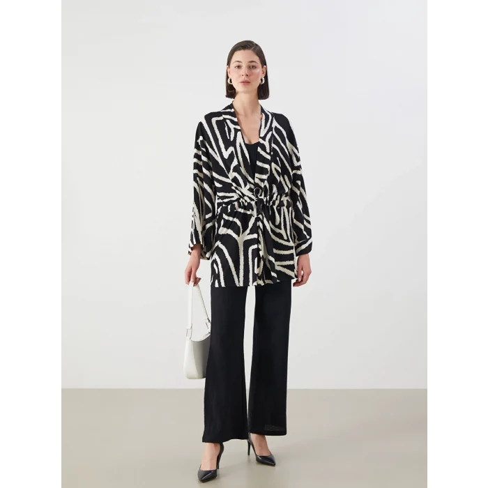 LCWAIKIKI Classic Siyah Şal Yaka Desenli Kadın Kimono