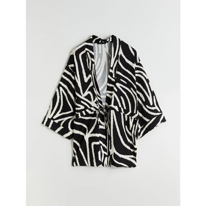 LCWAIKIKI Classic Siyah Şal Yaka Desenli Kadın Kimono