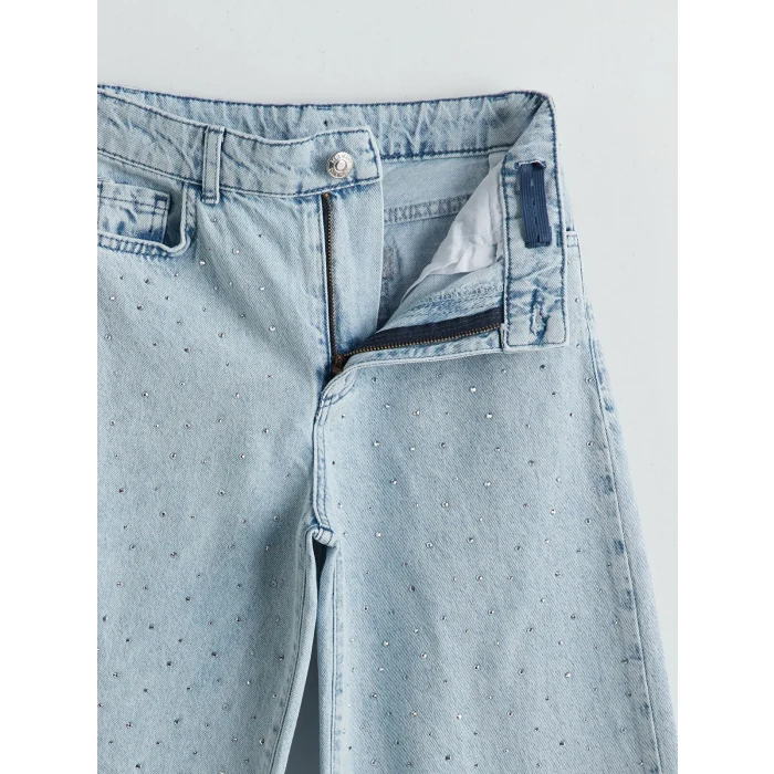 LCW Kids Mavi Beli Ayarlanabilir Lastikli Taşlı Kız Çocuk Jean Pantolon