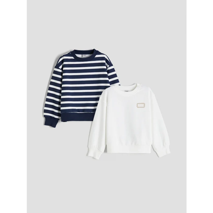 LCW Kids Lacivert Bisiklet Yaka Baskılı Kız Çocuk Sweatshirt 2li