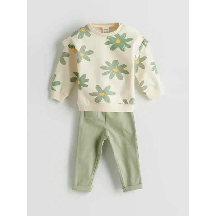 LCW baby Ekru Çiçekli Kız Bebek Sweatshirt ve Pantolon 2li Takım