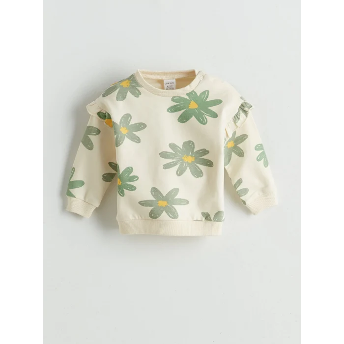 LCW baby Ekru Çiçekli Kız Bebek Sweatshirt ve Pantolon 2li Takım