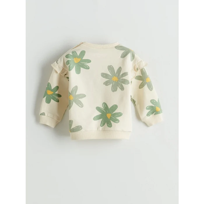 LCW baby Ekru Çiçekli Kız Bebek Sweatshirt ve Pantolon 2li Takım