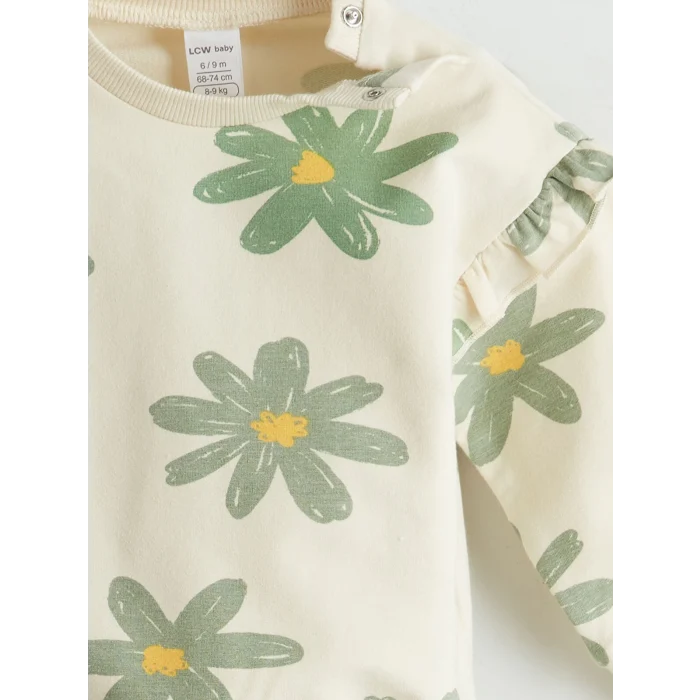 LCW baby Ekru Çiçekli Kız Bebek Sweatshirt ve Pantolon 2li Takım