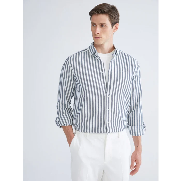 LC WAIKIKI Indigo Regular Fit Uzun Kollu Çizgili Erkek Gömlek