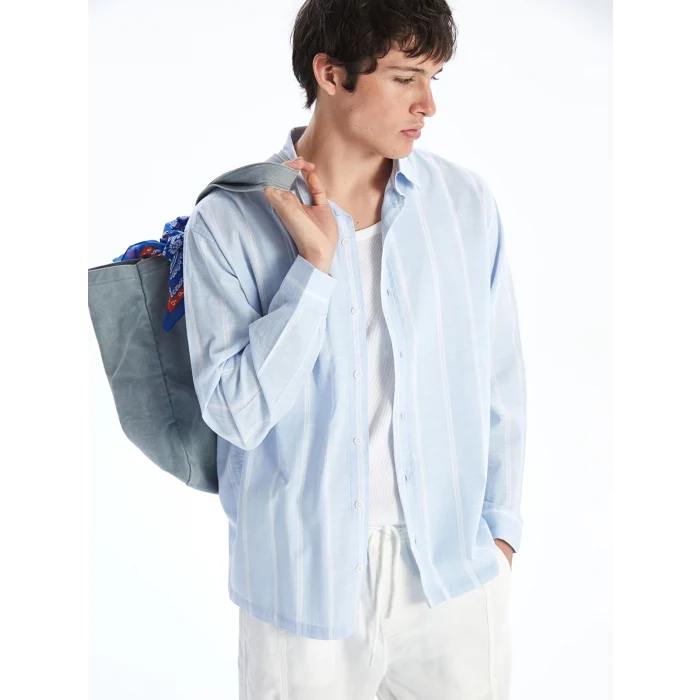 XSIDE Beyaz Rahat Kalıp Uzun Kollu Çizgili Poplin Erkek Gömlek