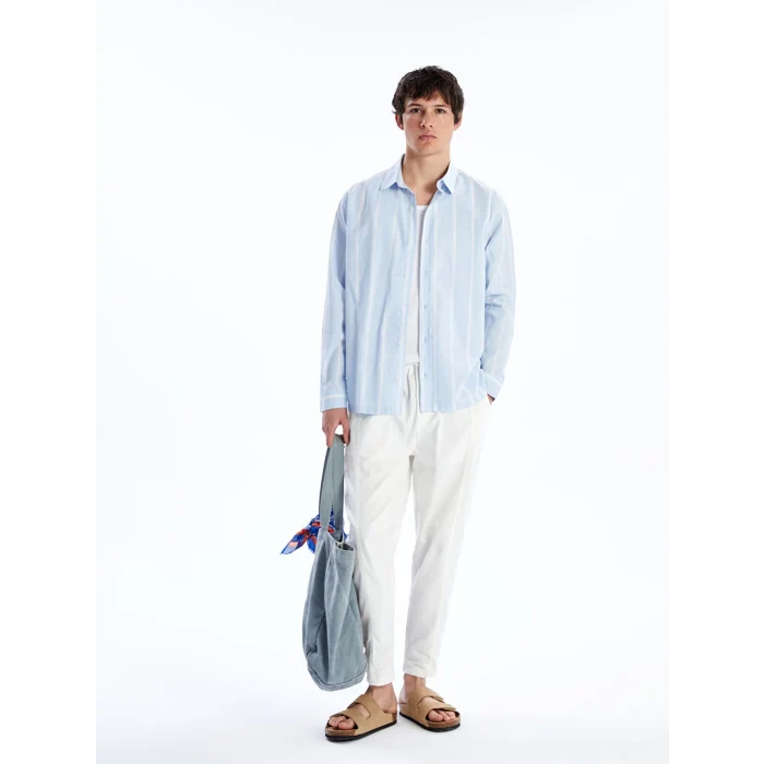 XSIDE Beyaz Rahat Kalıp Uzun Kollu Çizgili Poplin Erkek Gömlek