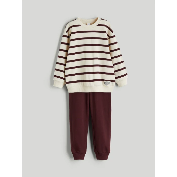 LCW Kids Bej Bisiklet Yaka Çizgili Erkek Çocuk Sweatshirt ve Eşofman Alt 2li