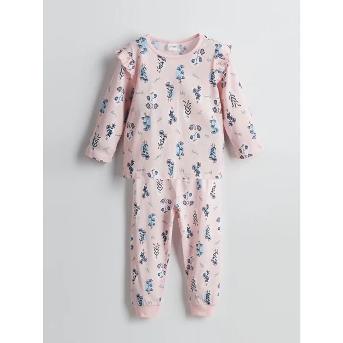 LCW Kids Pembe Bisiklet Yaka Çiçekli Kız Bebek Pijama Takımı