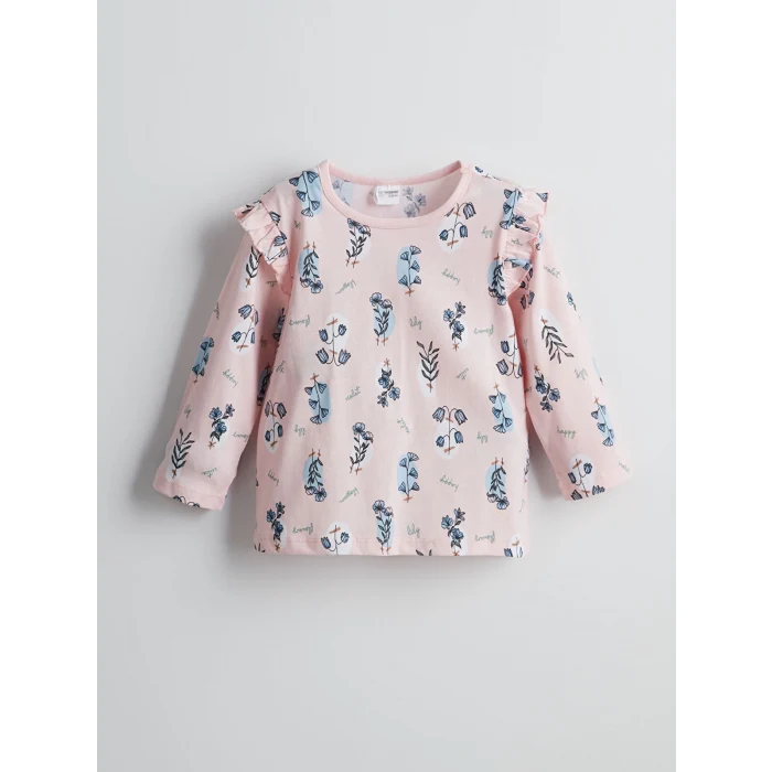 LCW Kids Pembe Bisiklet Yaka Çiçekli Kız Bebek Pijama Takımı