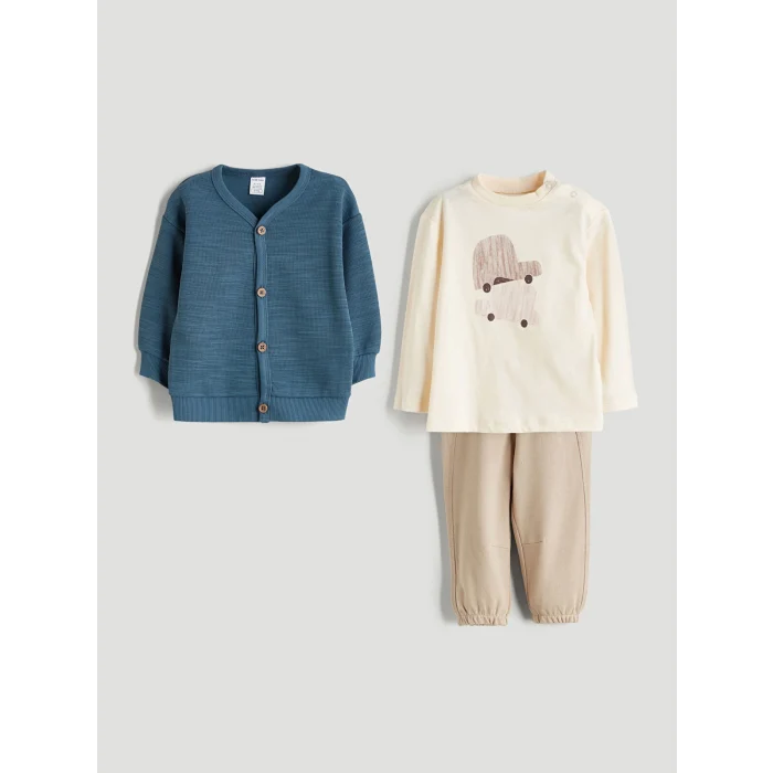 LCW baby Bej Bisiklet Yaka Baskılı Erkek Bebek 3lü Takım