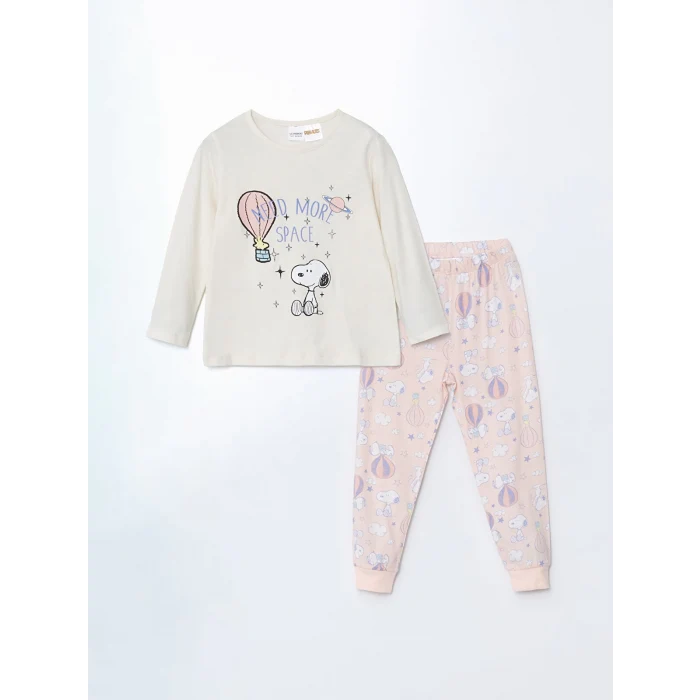 LCW Kids Ekru Bisiklet Yaka Snoopy Baskılı Kız Çocuk Pijama Takımı