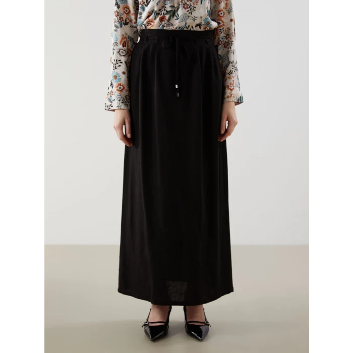 LCW Grace Siyah Beli Lastikli Keten Karışımlı Etek