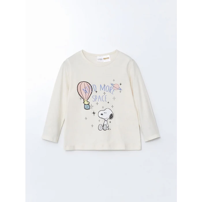 LCW Kids Ekru Bisiklet Yaka Snoopy Baskılı Kız Çocuk Pijama Takımı