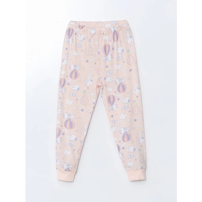 LCW Kids Ekru Bisiklet Yaka Snoopy Baskılı Kız Çocuk Pijama Takımı