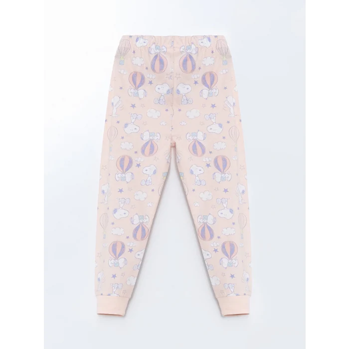 LCW Kids Ekru Bisiklet Yaka Snoopy Baskılı Kız Çocuk Pijama Takımı