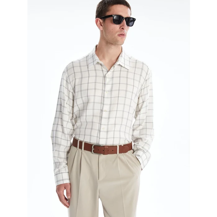 LCW Vision Ekru Rahat Kalıp Uzun Kollu Ekose Erkek Gömlek