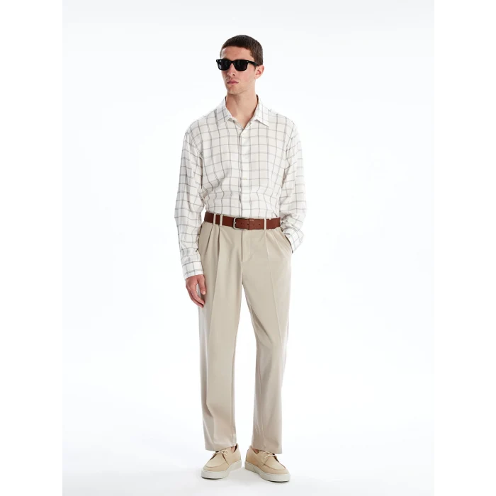 LCW Vision Ekru Rahat Kalıp Uzun Kollu Ekose Erkek Gömlek